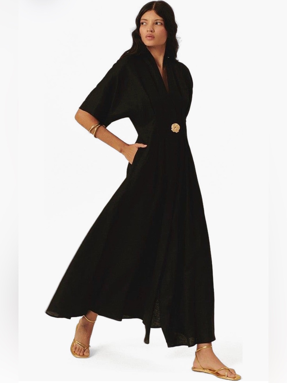 Exquise Black 100% Linen Samara Maxi Dress | Medium